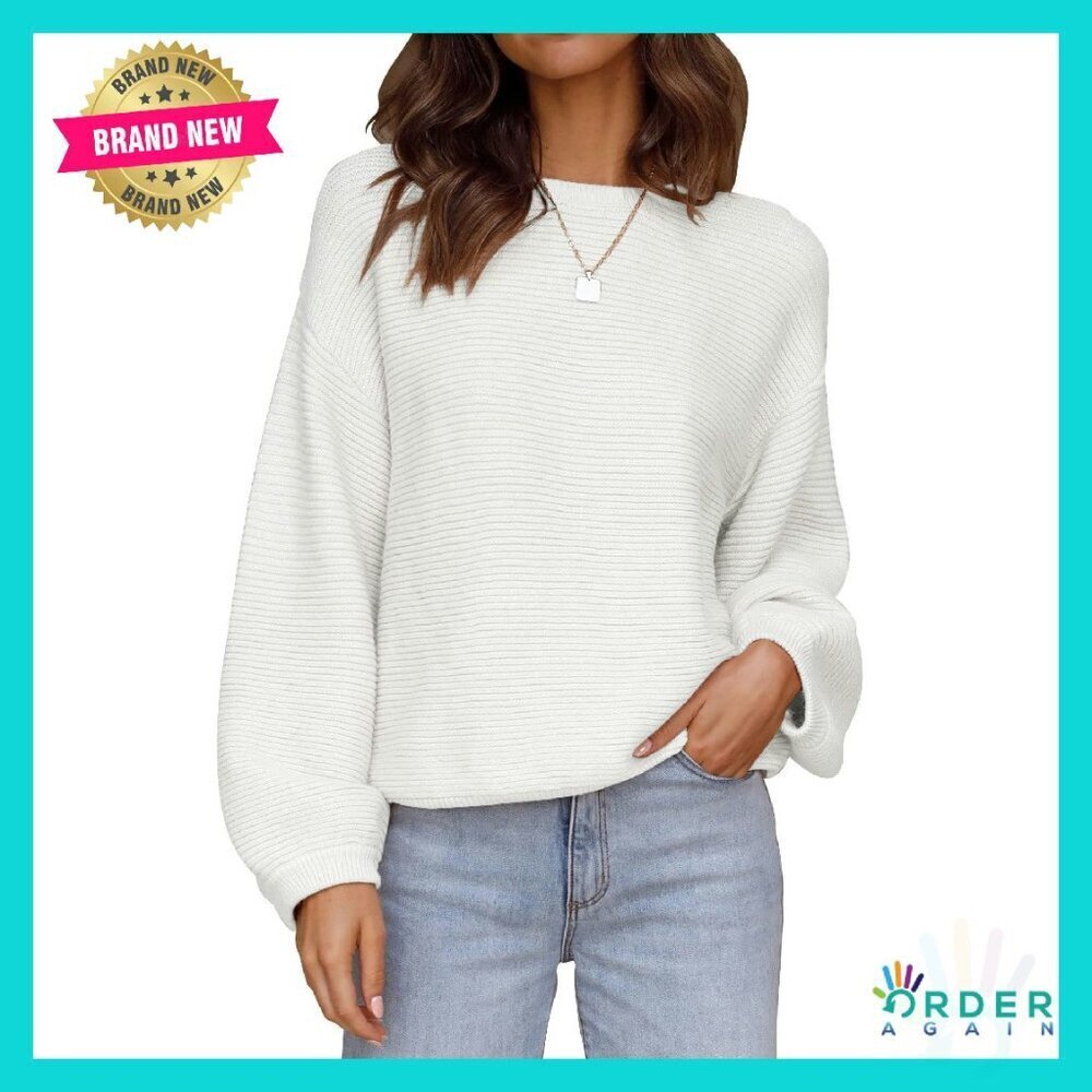 Ribbed Knit Pullover Sweater Oversized Lantern Sleeves Chic Fall Winter Casual